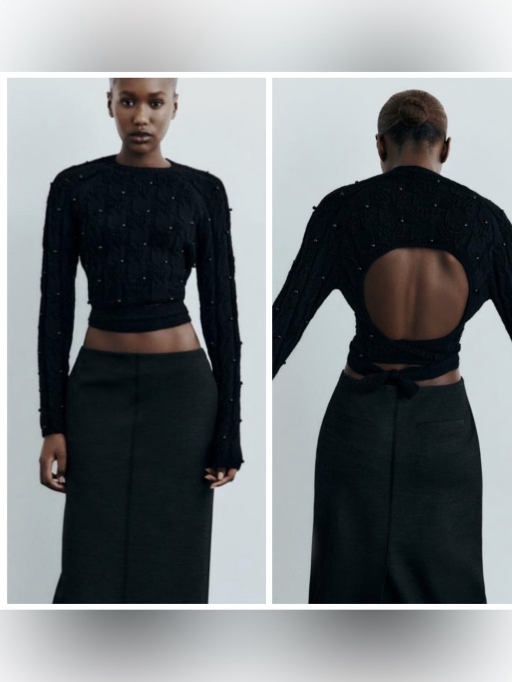 Zara Black Beaded Cable-Knit Cropped Sweater